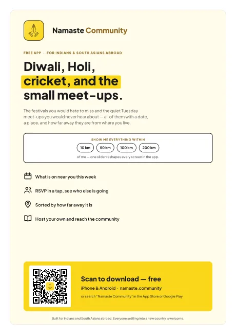 Festivals & meet-ups poster — Diwali, Holi, cricket, and the small meet-ups.